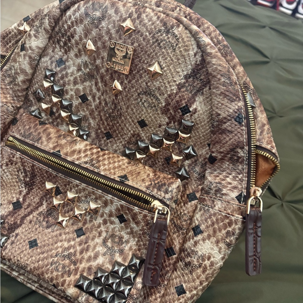 MCM Brown Snakeskin-Print Studded Backpack with Gold Hardware - Picture 2 of 11